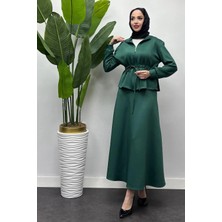 Tesettür Diyarı Kadın Beli Bağcık Detaylı Etekli Takım - Zümrüt