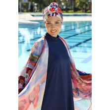 Estiva Aura Desenli Kaftanlı Tam Kapalı Tesettür Mayo Lacivert