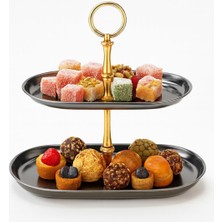 İliva Gold Tutamaçlı 2 Katlı Metal Sunumluk – Lokumluk & Pasta Servisi