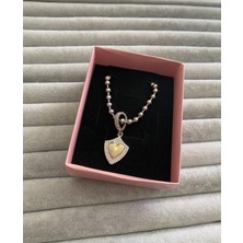 Pink Taş ve Kalp Detaylı Çelik Kolye