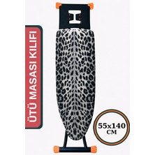Asev Home Büyük Boy Ütü Masası Kılıfı 55x140 cm Keçeli İpli Stoperli Gri Leopar Desenli