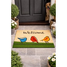 Esnature Chirp Birds Renkli Cıvıldıyan Kuşlar Kahverengi Welcome Kapı Önü Paspası 45X70 cm
