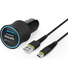 Philips DLP3520C USB Araç Içi Şarj Adaptörü Qc3.0 Siyah (1 Çıkış) + USB - Type-C Şarj Kablosu 1.2m S