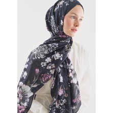 Fresh Mıdnıght Rose Desenli Pamuk Viskon Şal Gece Mavisi