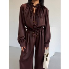 Madame Melek Zr Premium Saten Ipek Kumaş Ikili Takım Bağcıklı Bluz Bol Paça Pantolon Takım