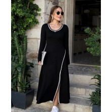 Moderie Butik Kadın Uzun Kollu Yuvarlak Ribana Yaka Yırtmaçlı Uzun Viskon Iki Iplik Elbise