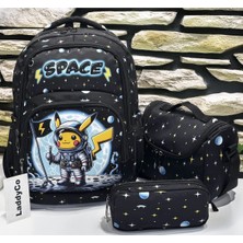 LaddyCo Ilkokul Çantası Erkek Çocuğu 3`lü Set Siyah Ilk Okul Çantası Karakter Baskılı Takım