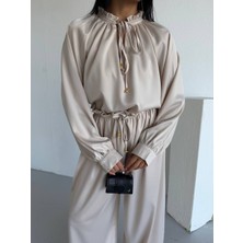 Madame Melek Zr Premium Saten Ipek Kumaş Ikili Takım Bağcıklı Bluz Bol Paça Pantolon Takım