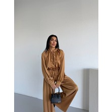 Madame Melek Zr Premium Saten Ipek Kumaş Ikili Takım Bağcıklı Bluz Bol Paça Pantolon Takım