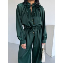 Madame Melek Zr Premium Saten Ipek Kumaş Ikili Takım Bağcıklı Bluz Bol Paça Pantolon Takım