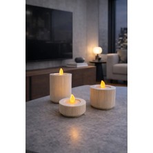 Öztürk Organizasyon Modern Çizgili Silindir Mumluk Seti- Dekoratif Tealight & Led Mum Standı (3'lü) Beyaz