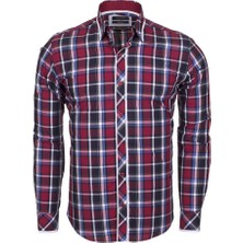 Makrom Bordo Ekose Desenli, Beyaz Biyeli %100 Pamuk Erkek Gömlek