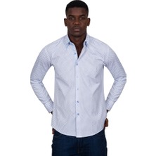 Makrom Erkek Beyaz Mavi Mikro Desenli Duble Yaka Slim Fit Pamuklu Gömlek