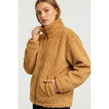 Genius Store Kadın Peluş Tam Fermuarlı Cepli Sherpa Kuzu Kumaş Oversize Peluş Polar Sweatshirt