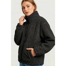 Genius Store Kadın Peluş Tam Fermuarlı Cepli Sherpa Kuzu Kumaş Oversize Peluş Polar Sweatshirt