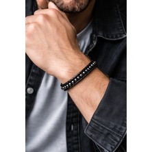 Herşey Nota Çift Sıra Hematit Boncuklu Hakiki Deri Erkek Bileklik – Çelik Kilitli Siyah TASARIM-50-542