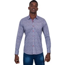 Makrom Slim Fit Kırmızı Kontrast Detaylı Mikro Çiçekli Likralı Pamuk Gömlek
