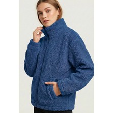 Genius Store Kadın Peluş Tam Fermuarlı Cepli Sherpa Kuzu Kumaş Oversize Peluş Polar Sweatshirt