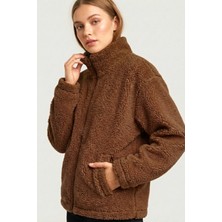 Genius Store Kadın Peluş Tam Fermuarlı Cepli Sherpa Kuzu Kumaş Oversize Peluş Polar Sweatshirt