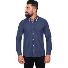 Makrom Erkek Lacivert Beyaz Puantiyeli Duble Yaka Pamuklu Slim Fit Gömlek