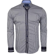 Oscar Banks Erkek Lacivert Çizgili Manşet Detaylı Spor Şık Gömlek