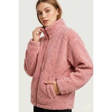 Genius Store Kadın Peluş Tam Fermuarlı Cepli Sherpa Kuzu Kumaş Oversize Peluş Polar Sweatshirt