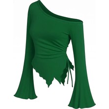 Beruflic Kadın Yeşil Uzun Ispanyol Kollu Asimetirik Yaka Yandan Bağlamalı Drapeli Bluz