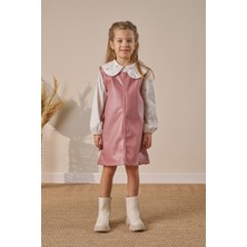 Minipodyum Kız Çocuk Elbise Bebe Yaka Gömlekli Deri Görünümlü Bayramlık