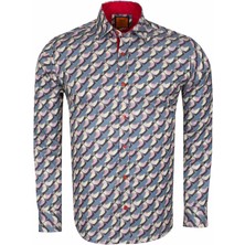 Makrom Tasarım Erkek Slim Fit Italyan Yaka Turna Kuşu Desenli Pamuklu Gömlek