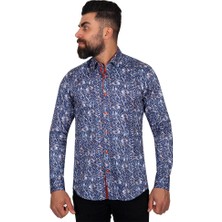 Oscar Banks Slim Fit - Kırmızı Detaylı Mikro Desenli %100 Pamuk Gömlek