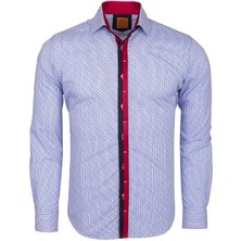 Makrom Slim Fit Kırmızı Detaylı Ince Çizgili Pamuklu Erkek Gömlek