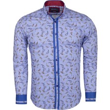 Oscar Banks Erkek Mavi Çizgili Şal Desenli Manşet Detaylı Spor Şık Gömlek