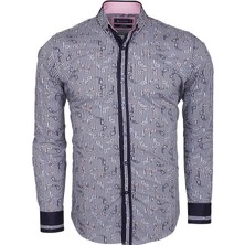 Oscar Banks Erkek Lacıvert Çizgili Şal Desenli Manşet Detaylı Spor Şık Gömlek