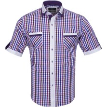 Makrom Erkek Mor Çizgili Kareli Kısa Kollu Pamuklu Gömlek - Çift Cepli Tasarım