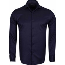 Makrom Erkek Lacivert Şık Duble Manşet Kol Düğmeli Özel Tasarım Gömlek