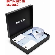 Makrom Premium Duble Manşetli Metal Düğme Detaylı Mavi Özel Tasarım Erkek Gömlek