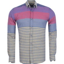 Makrom Erkek Renk Bloklu Çizgili Dokuma Gömlek – Mor Pembe Gri