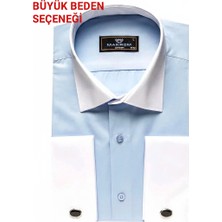 Makrom Premium Duble Manşetli Metal Düğme Detaylı Mavi Özel Tasarım Erkek Gömlek