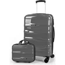 Polo&sky Azra Model Füme Pp Polipropilen Kırılmaz 2'li Orta Boy + Makyaj Valiz Seti