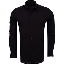 Oscar Banks Erkek Siyah %100 Pamuk Slim Fit Uzun Kollu Klasik Gömlek