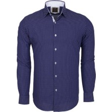 Oscar Banks Erkek Lacivert %100 Pamuk Slim Fit Desenli Uzun Kollu Gömlek