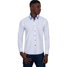 Makrom Erkek Beyaz Mavi Puantiyeli Duble Yaka Pamuklu Slim Fit Gömlek