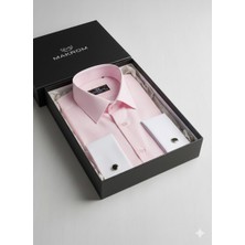 Makrom Premium Duble Manşetli Metal Düğme Detaylı Pembe Özel Tasarım Erkek Gömlek