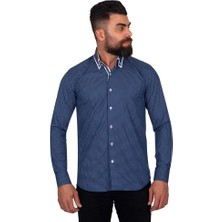 Makrom Lacıvert Tasarım Detaylı Slim Fit Erkek Gömlek