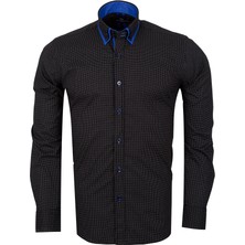 Makrom Modern Fit Çift Yaka Tasarımlı Siyah Mikro Desenli Gömlek