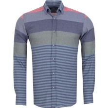 Makrom Erkek Soft Renk Bloklu Çizgili Dokuma Gömlek – Gri Mavi Lacivert