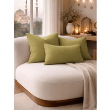 Perle Yağ Yeşili Keten Dokulu Dekoratif Kırlent Kılıfı | Modern Salon Koltuk Yastığı