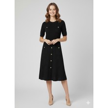 On Triko Önü Süs Düğmeli Triko Elbise 70417