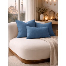Perle Indigo Keten Dokulu Dekoratif Kırlent Kılıfı | Modern Salon Koltuk Yastığı