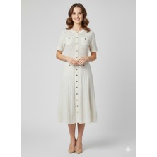 On Triko Önü Süs Düğmeli Triko Elbise 70417